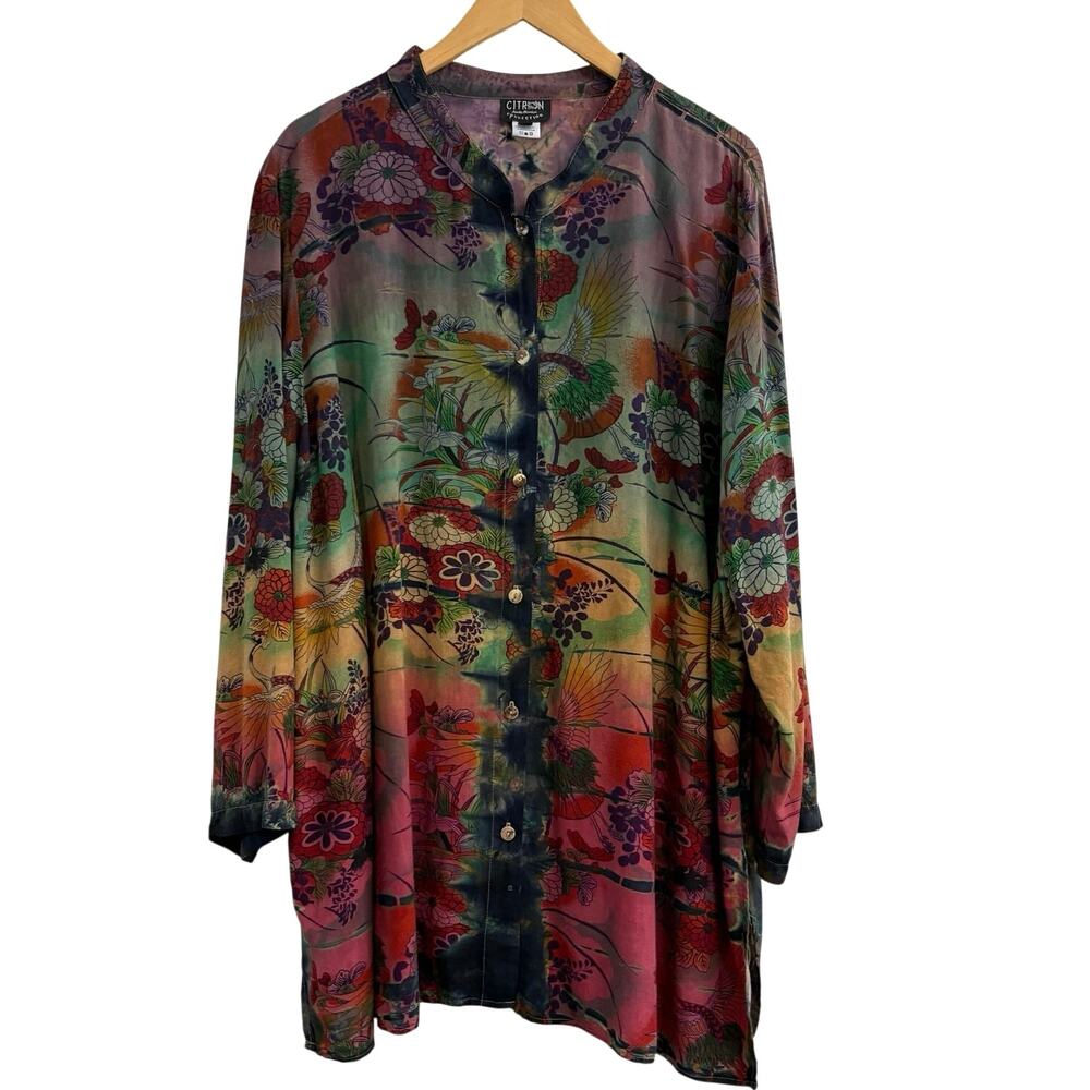 Citron Santa Monica Tunic Button Down Top Women’s Size 2X Boho Flowy Asian Print